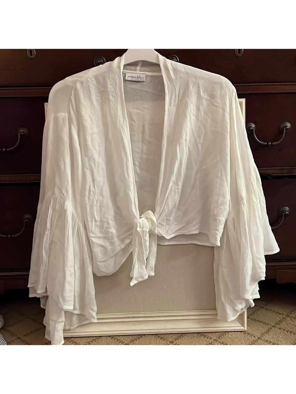 Juniper Blu white flowy boho tie front coverup top w ruffle sleeves XS